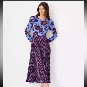 ANN TAYLOR FLORAL IKAT PLEATED FLARE DRESS SZ 14 NWT
